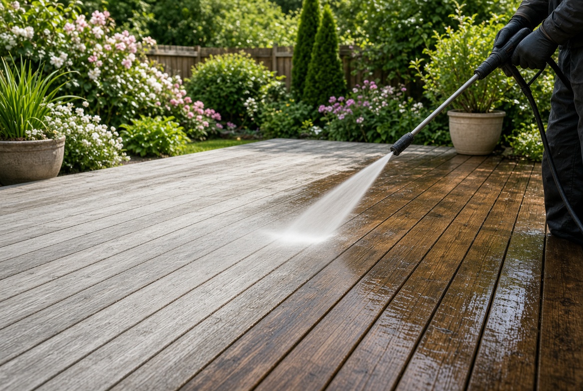 Wooden deck being cleaned