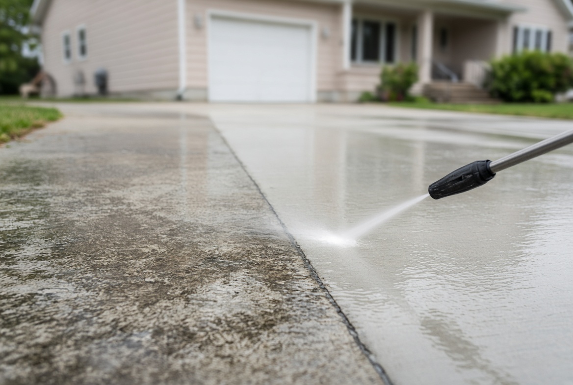 Dirty and clean driveway split by a pressure washer