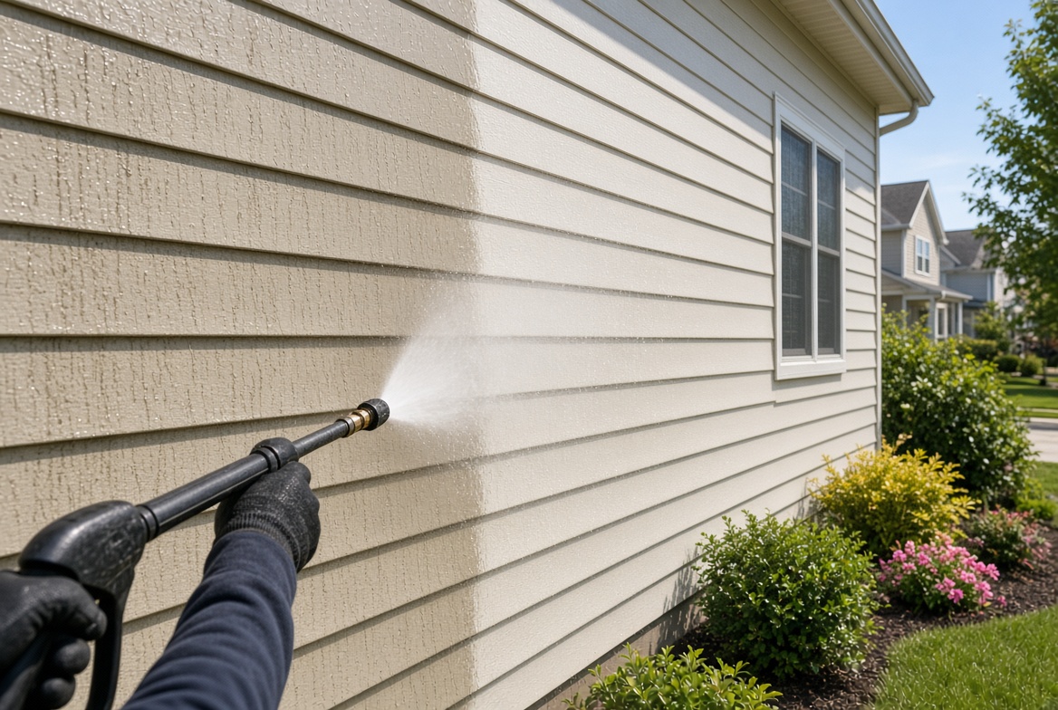 House siding being pressure washed
